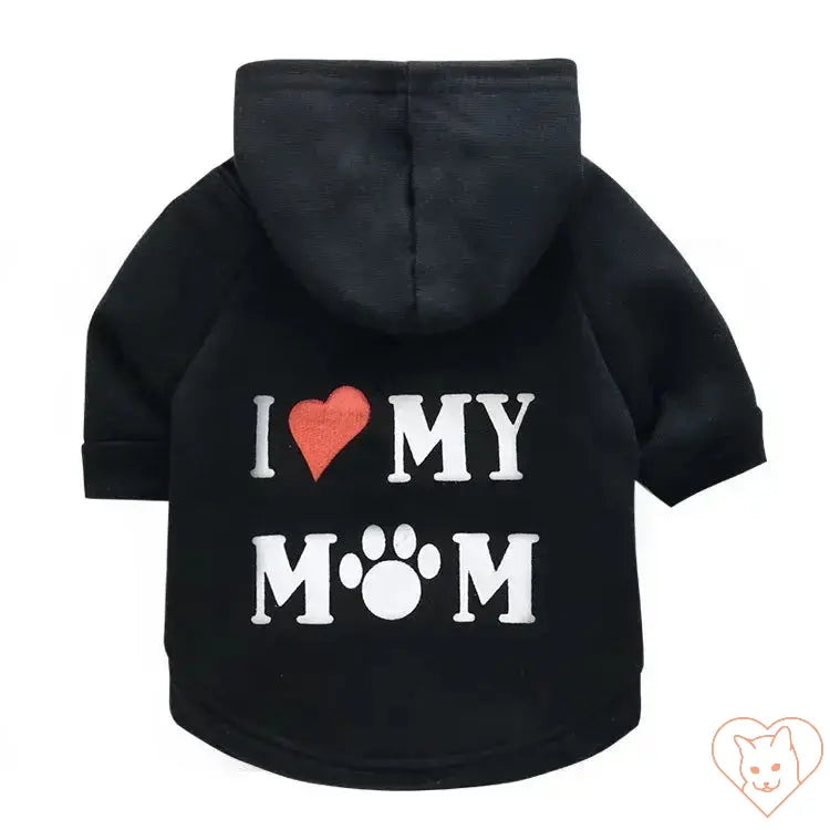 Black cat hoodie with 'I ❤️ MY MOM' design, perfect for pet warmth and style.