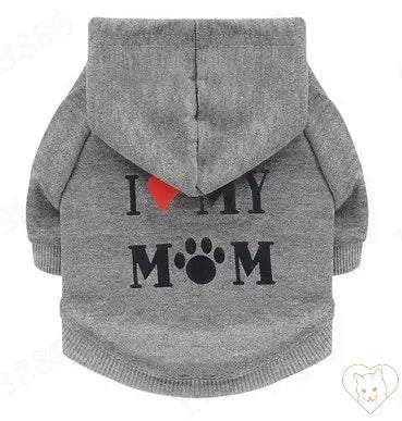 Gray cat hoodie with "I Love My Mom" printed design and a hood, perfect for cozy pet wear.