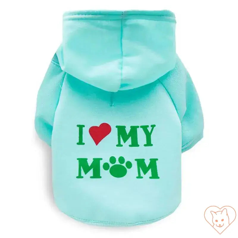 Light blue cat hoodie with 'I ❤️ MY MOM' text and paw print, perfect for stylish pet attire.