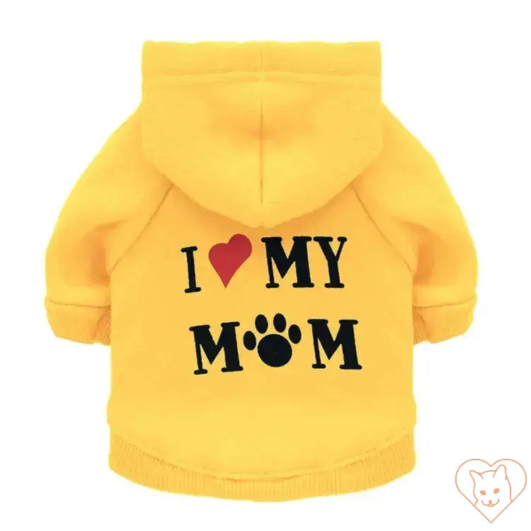 Yellow hoodie for pets with 'I ❤️ MY MOM' design, perfect for keeping cats and small dogs stylish and warm.