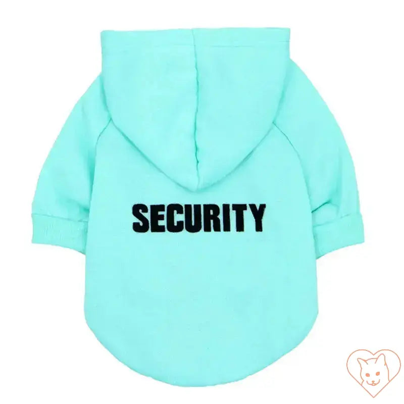 Light blue cat hoodie with 'SECURITY' text on the back, designed for warmth and style in pets.