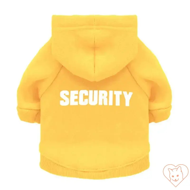 Security Cat Hoodie in yellow, cozy jacket for cats, featuring a hood and SECURITY text.