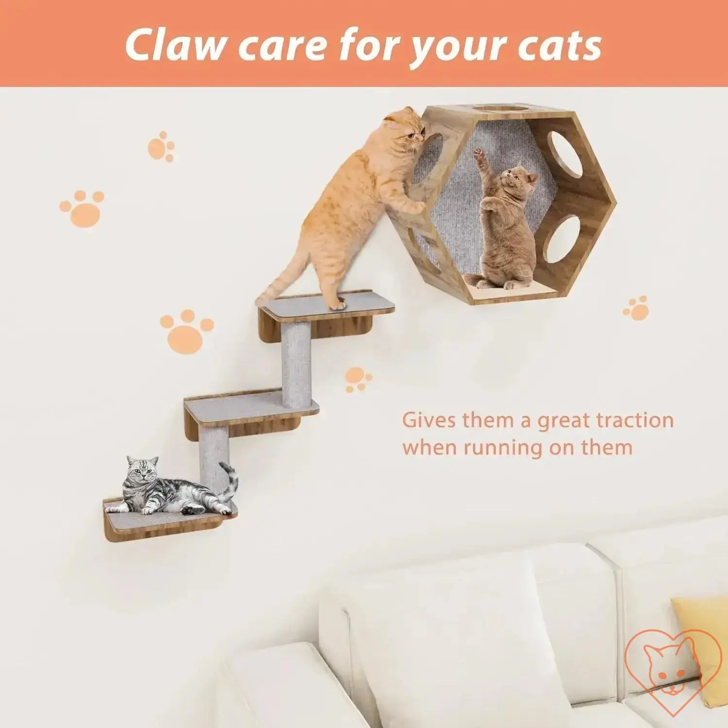 Two cats climbing a wooden cat wall shelf with grey fabric, promoting claw care and traction for indoor play.