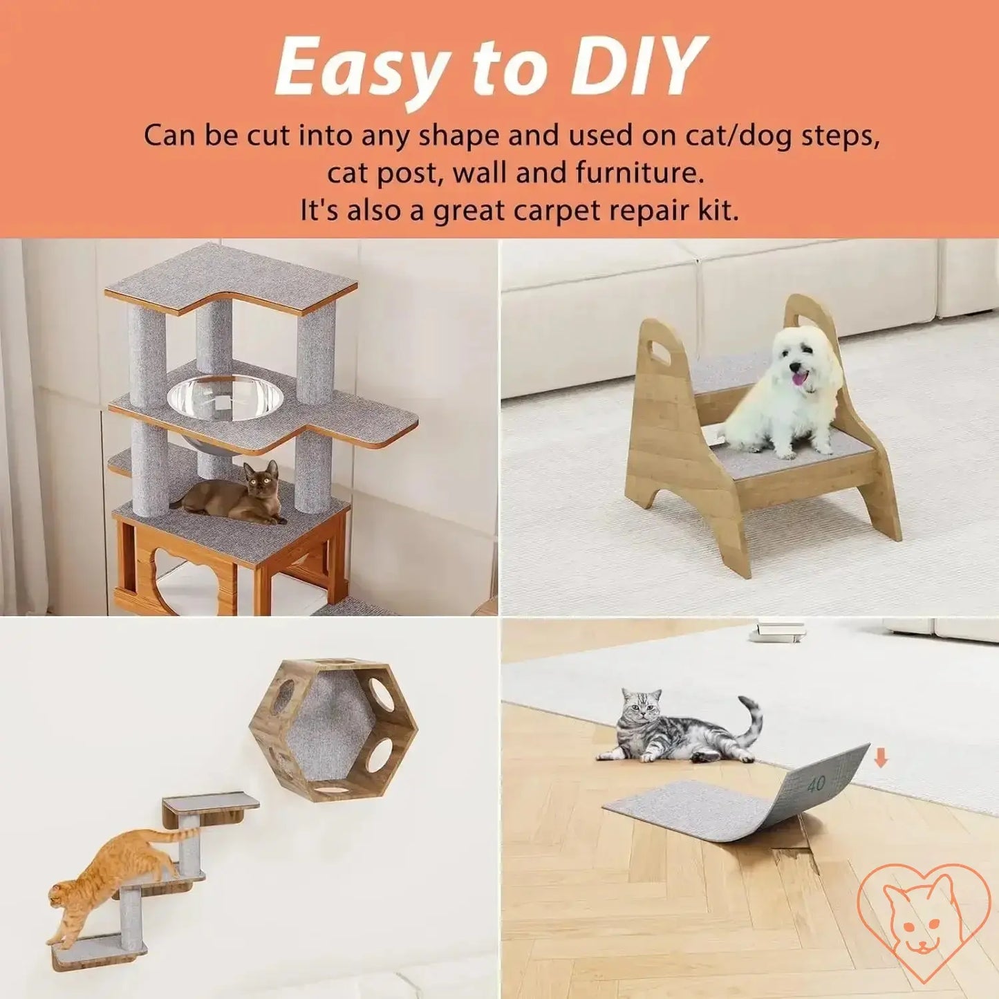 DIY-friendly cat scratch board for furniture, steps, and carpet repair; includes cats and dogs using various shapes.