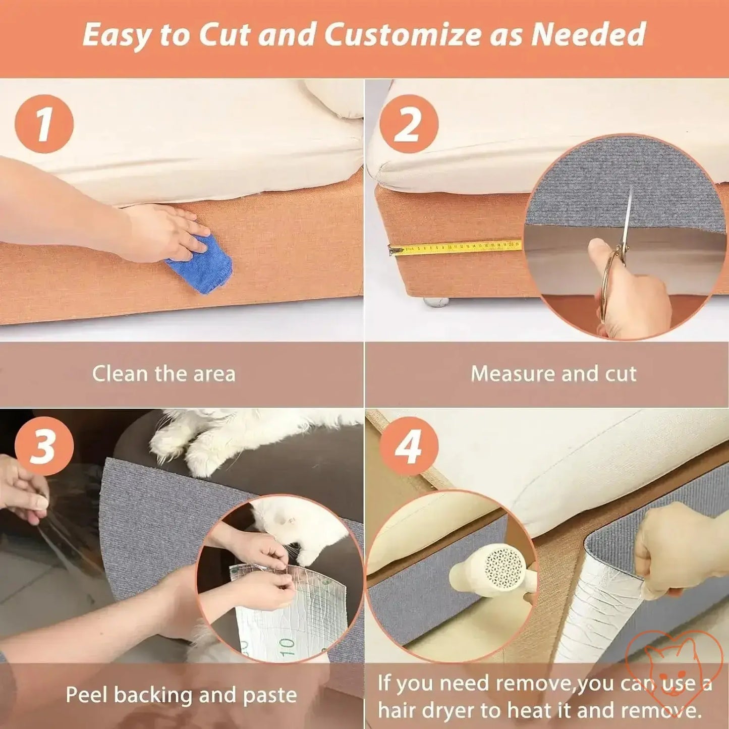 Steps to install the Self-Adhesive Cat Scratch Board, illustrating cleaning, measuring, cutting, and applying.