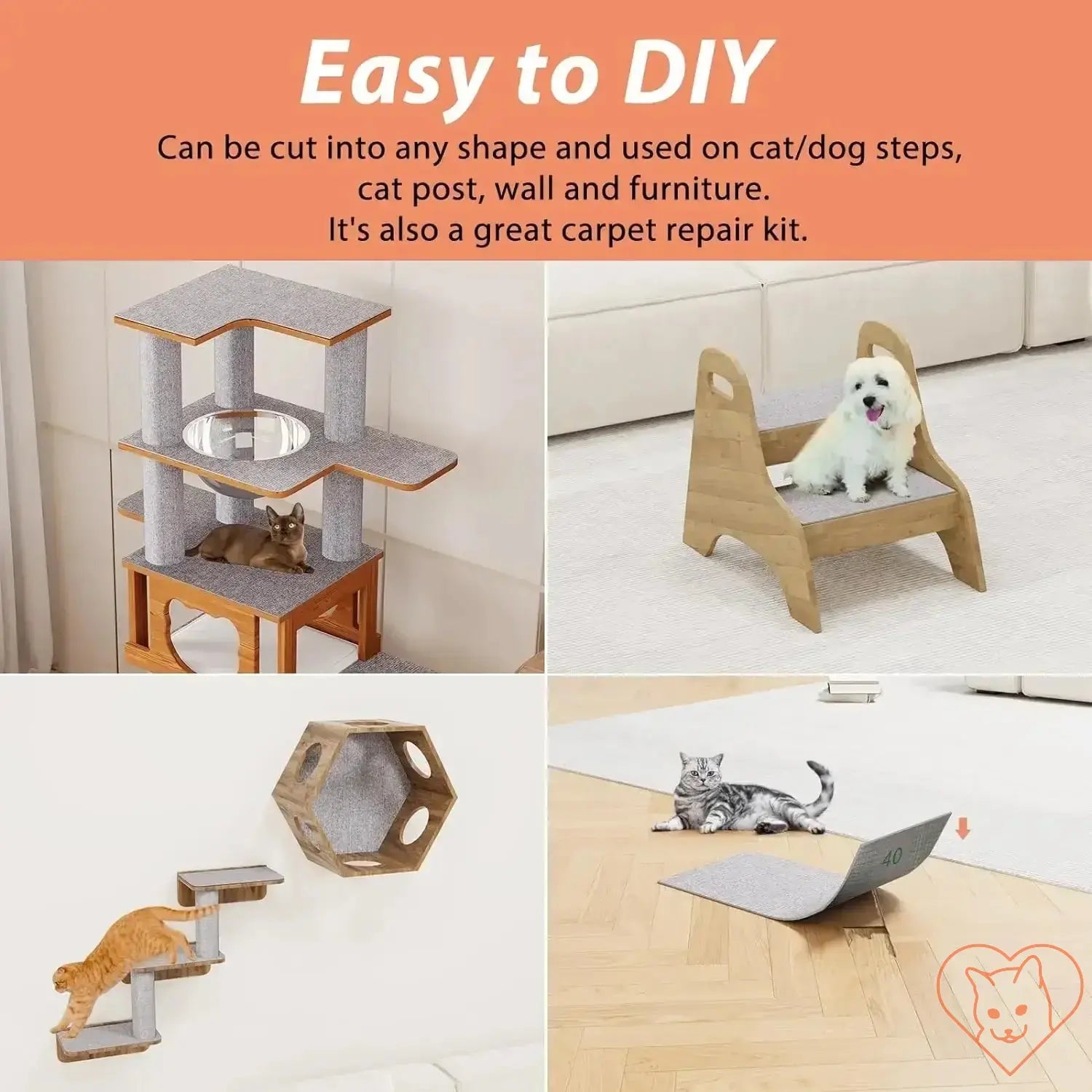 Collage of DIY cat and dog furniture items, showcasing versatility in design and use for pets.