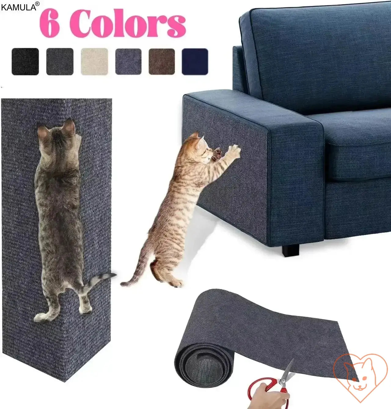 Self-Adhesive Cat Scratching Mat protecting a sofa with a cat scratching at the edge, available in 6 colors.