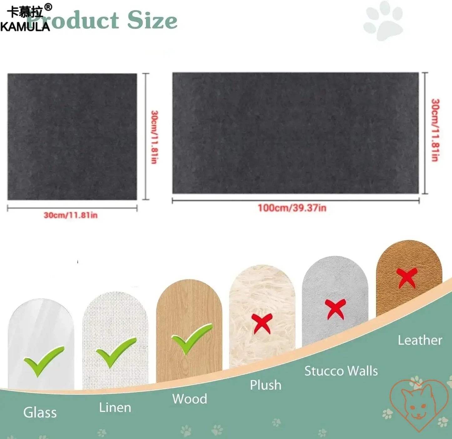 Size comparison of Self-Adhesive Cat Scratching Mat showing dimensions and compatible surfaces for protection.