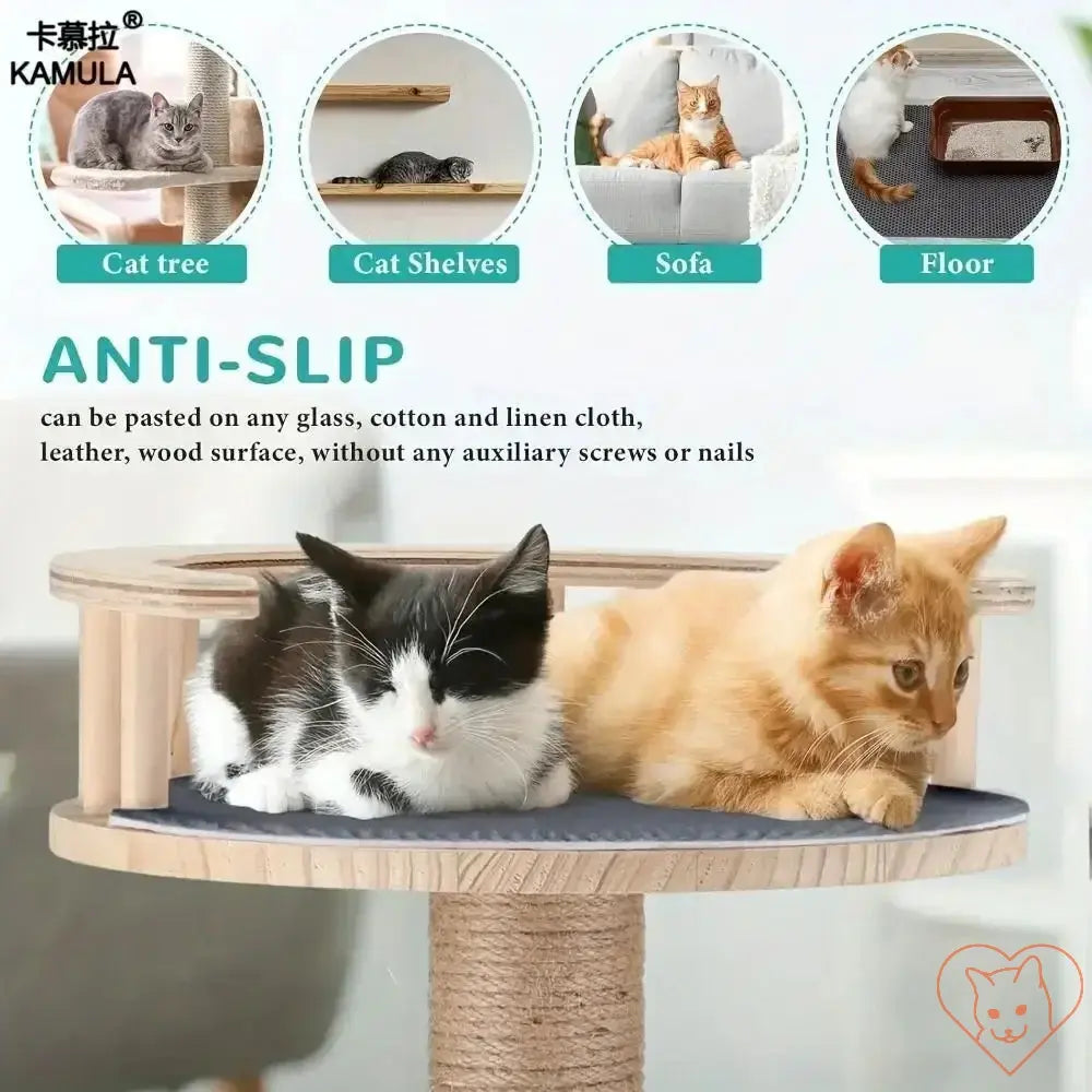 Two cats lounging on a cat tree with anti-slip features, ideal for sofas and various surfaces.