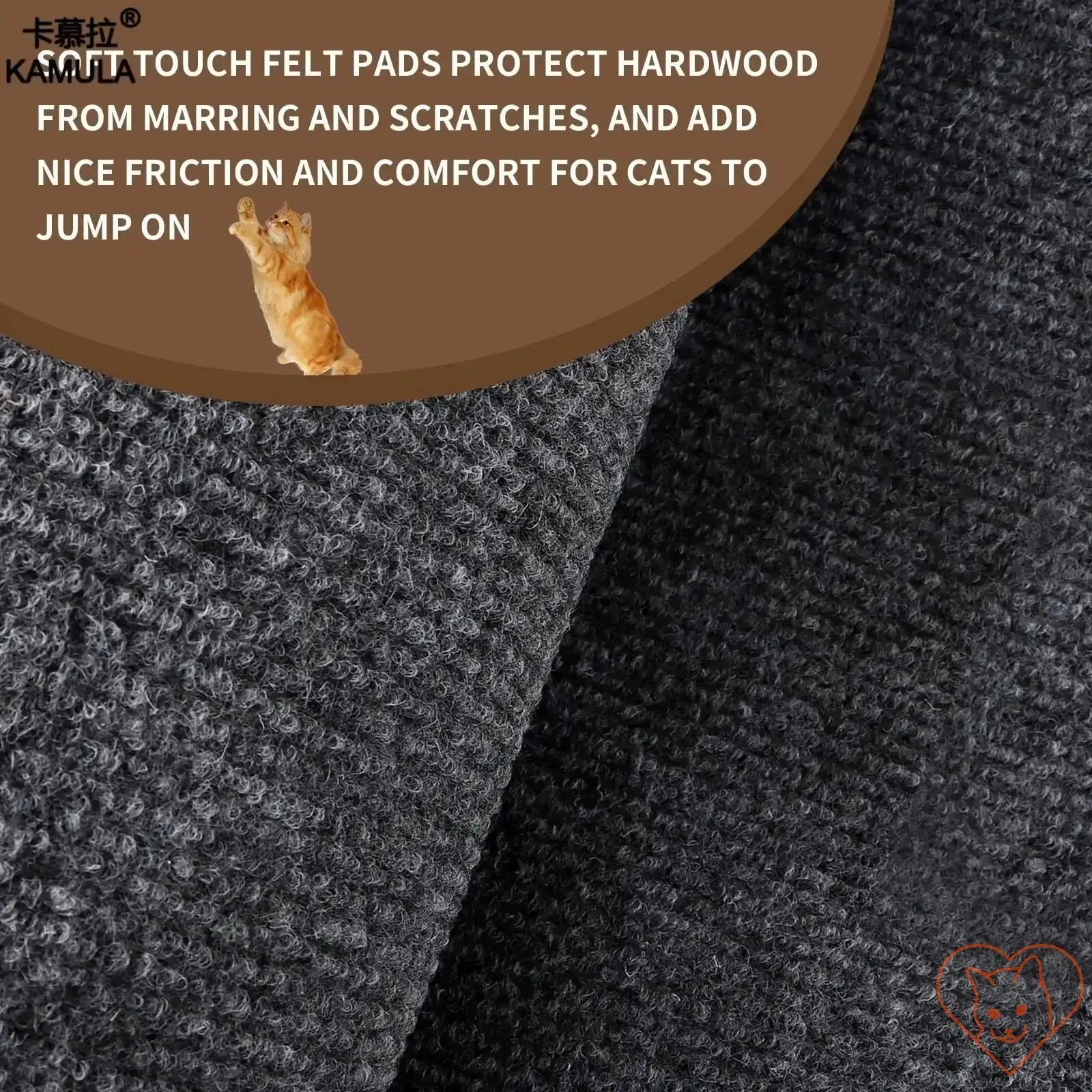 Close-up of black felt pads designed to protect hardwood floors and provide comfort for cats.