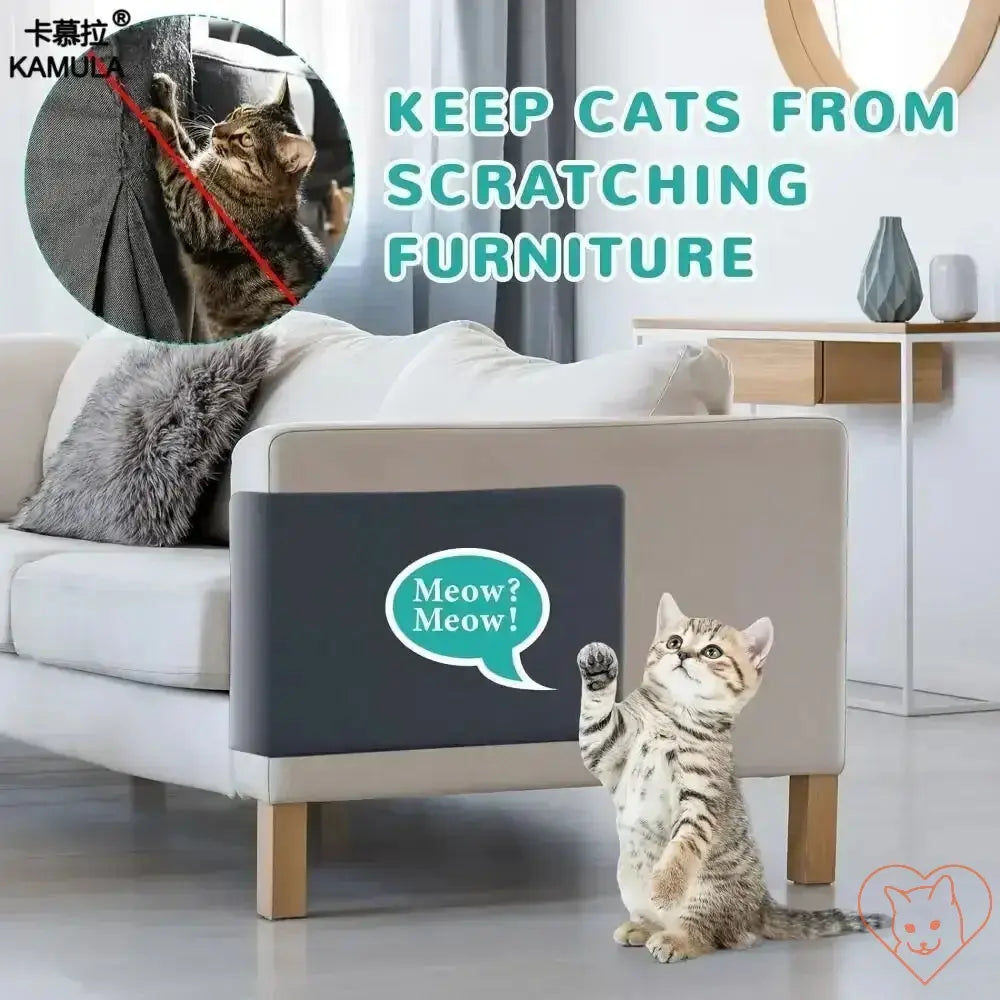 Self-adhesive cat scratching mat protecting sofa from claw damage with playful cat illustration.