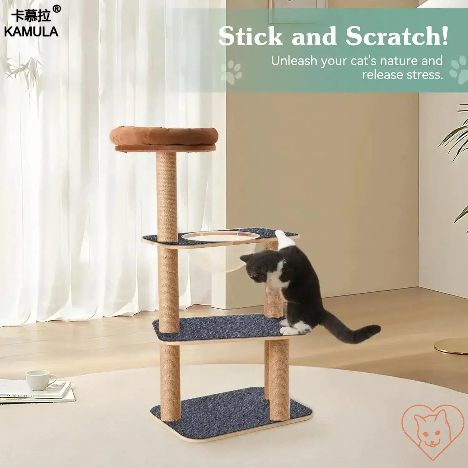 Cat scratching tower with multiple levels and soft perch for pets to play and scratch.