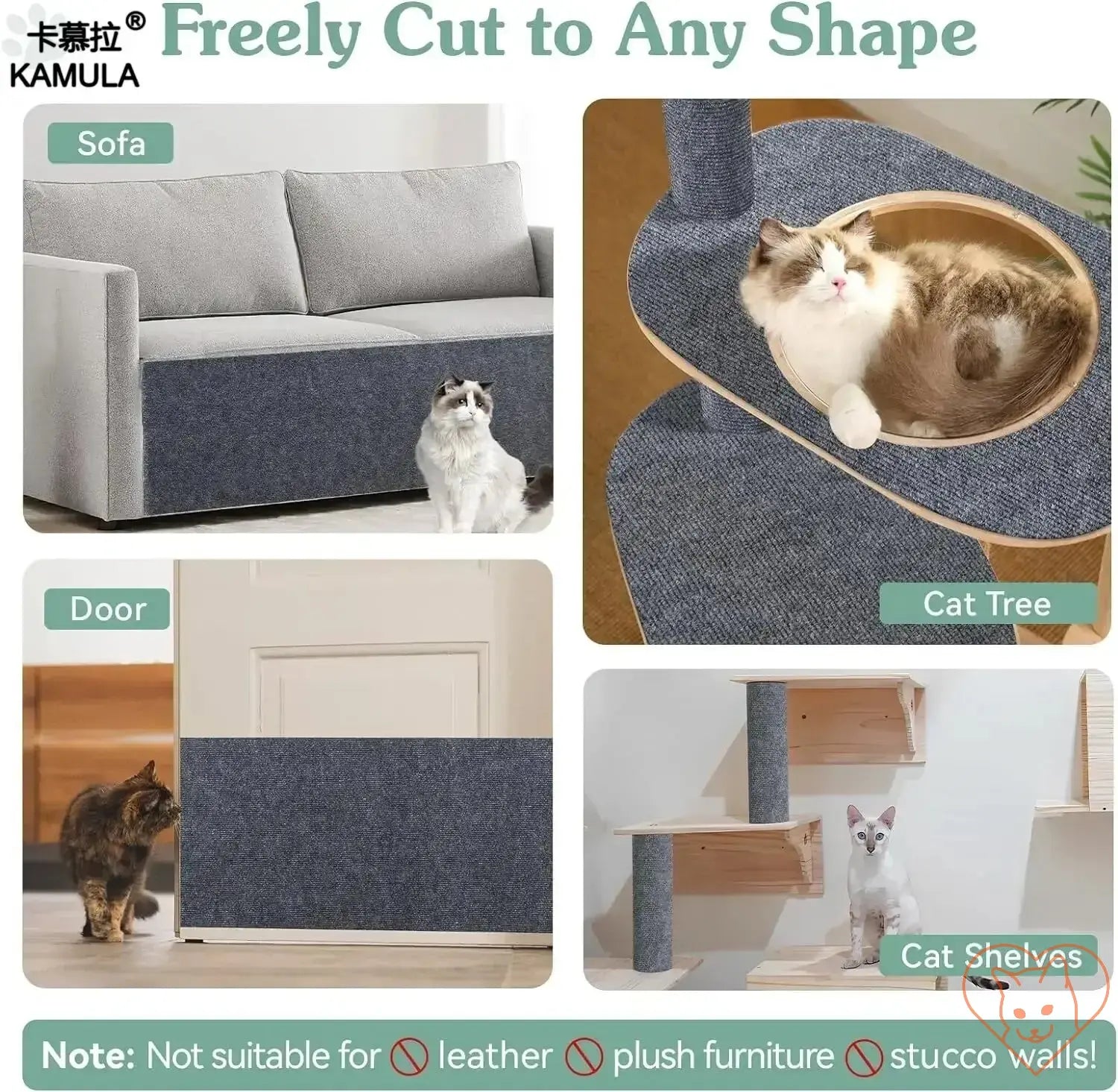 Self-Adhesive Cat Scratching Mat shown on sofa, door, and cat tree, highlighting versatility for furniture protection.