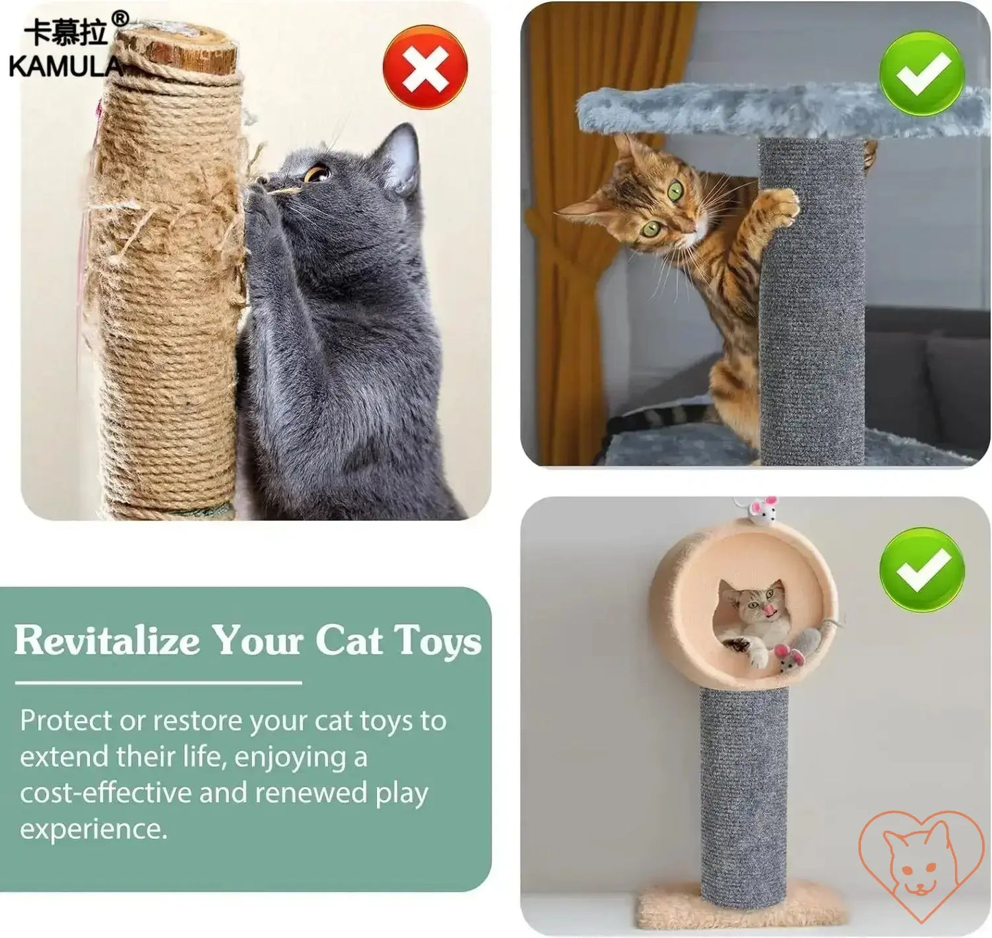 Image showcasing a cat scratching post with a revitalization message, highlighting furniture protection and playful cats.