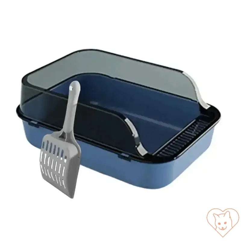 Semi-enclosed cat litter box in blue with scoop, ideal for easy cleanup and designed for kittens.