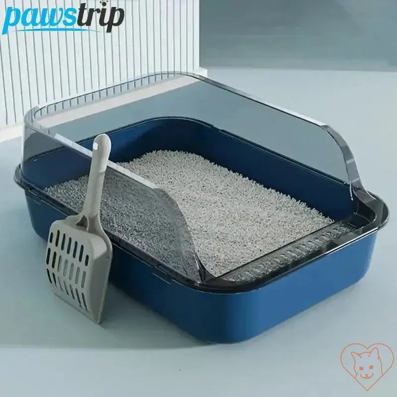 Semi-enclosed cat litter box with a scoop, designed for easy cleanup and kitten comfort.