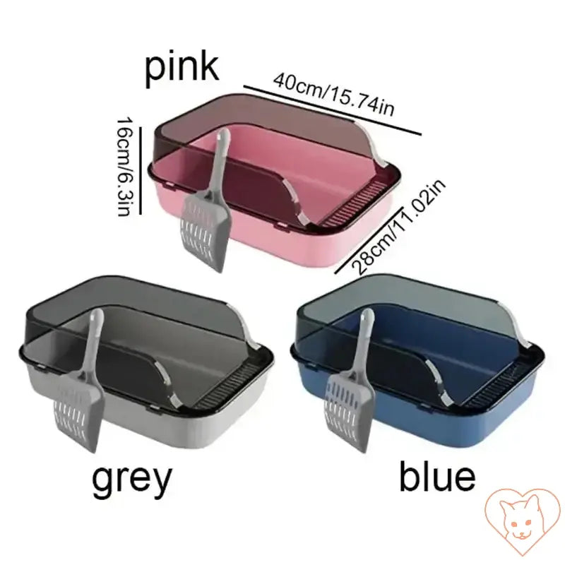 Semi-enclosed cat litter boxes in pink, grey, and blue with scoop, displaying dimensions for kittens.