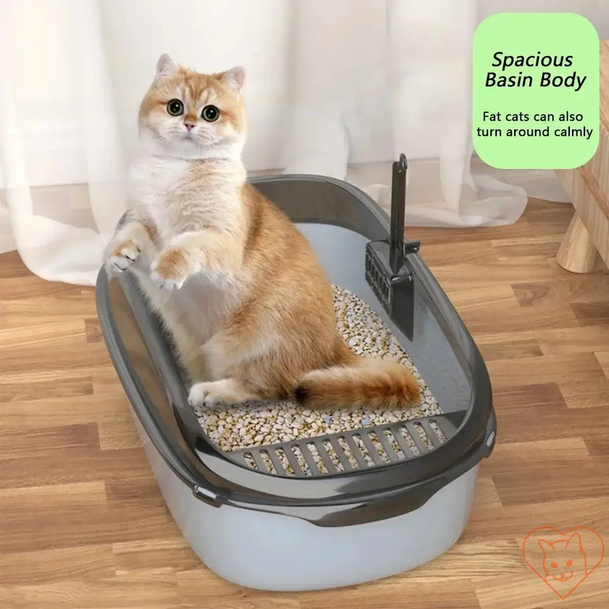 Semi-enclosed high-sided cat litter box with scoop featuring a spacious design for comfort and easy cleanup.