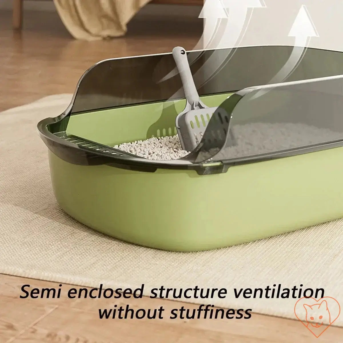 Semi-enclosed high-sided cat litter box with scoop for ventilation and cleanliness, perfect for small cats.