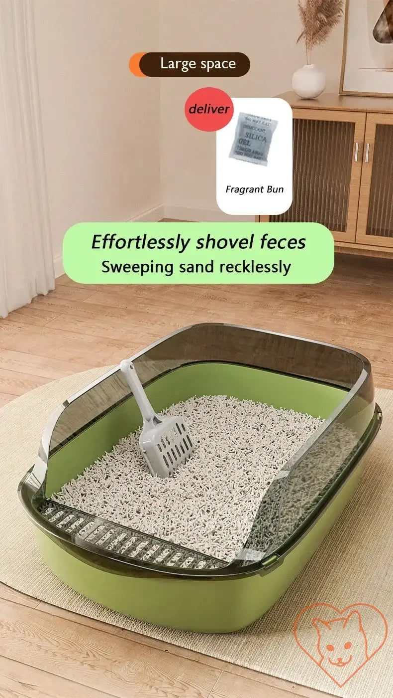 Semi-enclosed high-sided cat litter box with scoop for easy cleaning and reduced litter scatter.