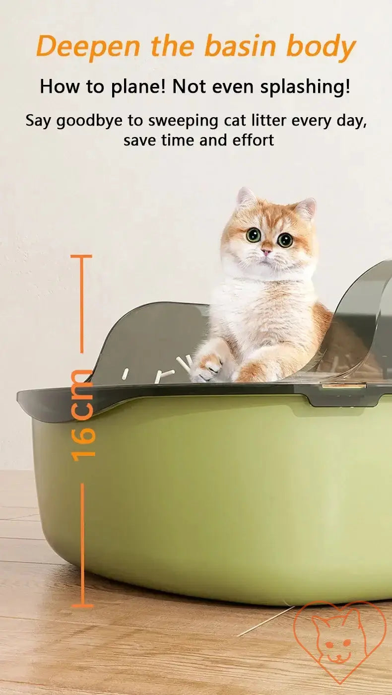 Semi-enclosed high-sided cat litter box with scoop, featuring a cat and a 16 cm deep basin for reduced litter scatter.