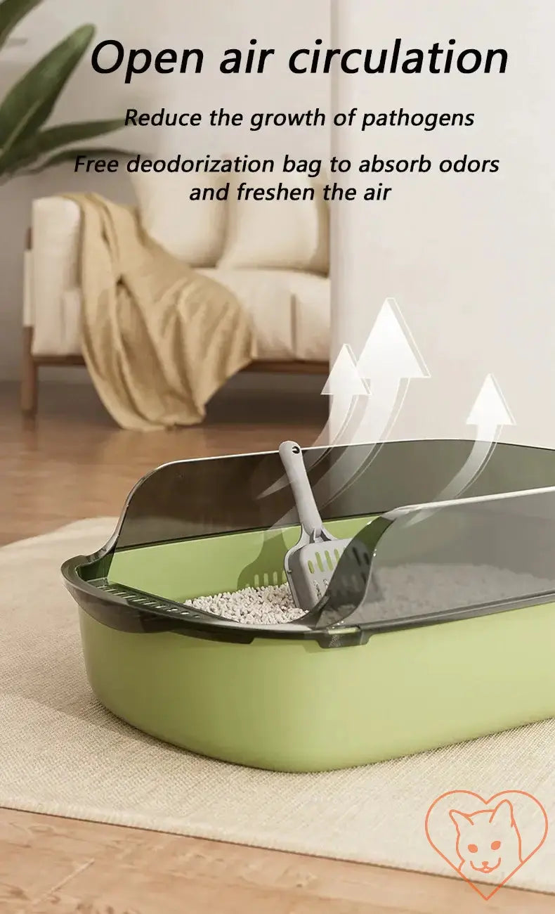 Semi-enclosed cat litter box designed for open air circulation, featuring a scoop and free deodorization bag for odor control.