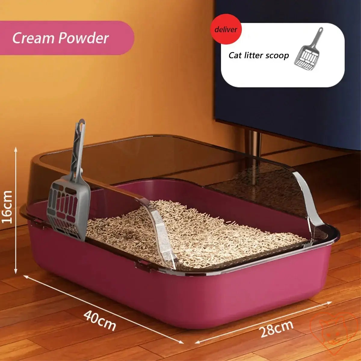 Semi-enclosed high-sided cat litter box in cream powder color with scoop, designed for privacy and easy cleanup.