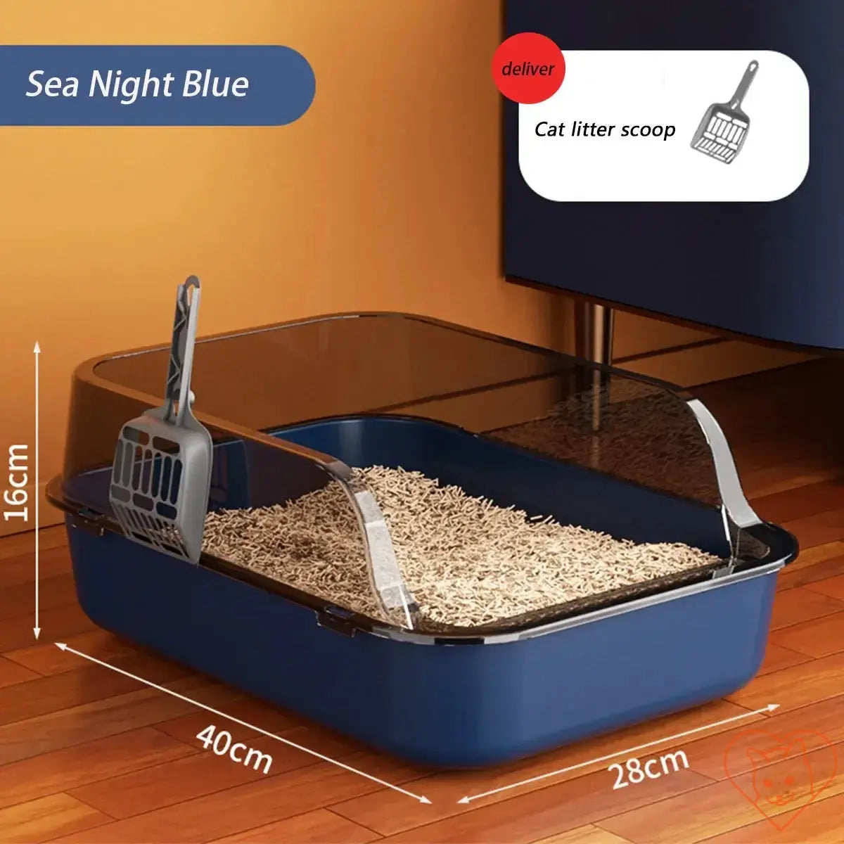 Semi-enclosed high-sided cat litter box in Sea Night Blue with scoop, designed for easy cleanup and reduced litter scatter.