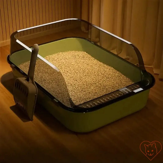 Semi-enclosed open cat litter box with high sides and scoop, ideal for keeping homes clean and odor-free.