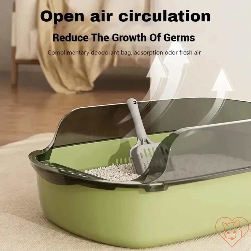 Semi-enclosed open cat litter box with air circulation, reducing germs and maintaining cleanliness.