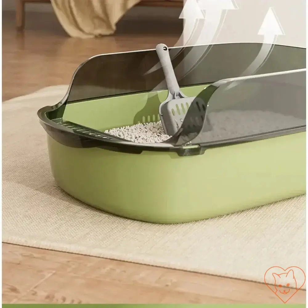 Semi-Enclosed Open Cat Litter Box with high sides and scoop, designed for comfort and cleanliness for small cats.