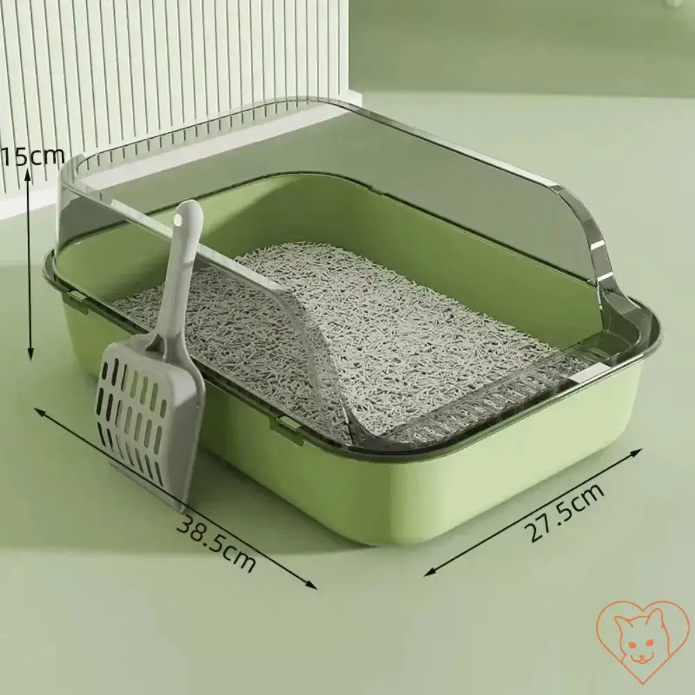 Semi-enclosed open cat litter box with high sides and scoop, designed for cleanliness and comfort.