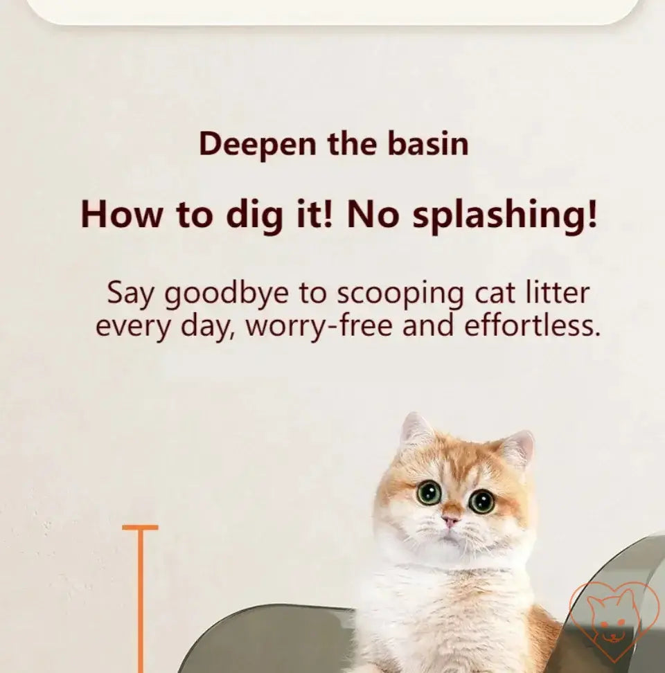 Cat litter box instructions showing deepening the basin for easy use, featuring a fluffy cat and text for cleaning tips.