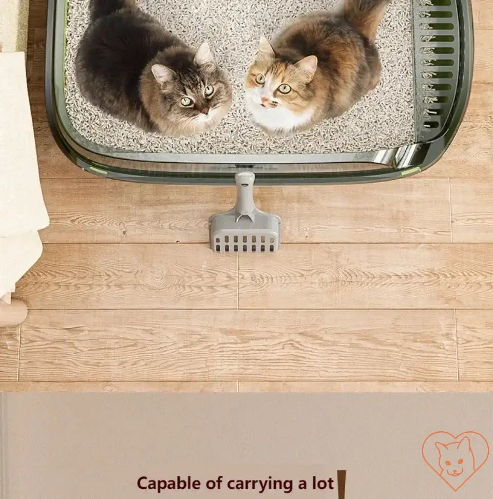 Two cats in a semi-enclosed open litter box with high sides, showcasing comfort and cleanliness.