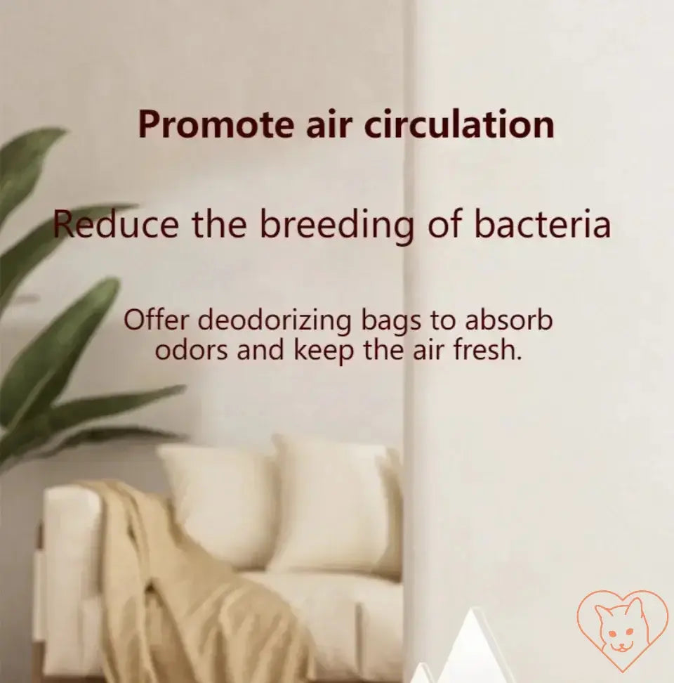 Text promoting air circulation and odor control with deodorizing bags in a cozy living space.