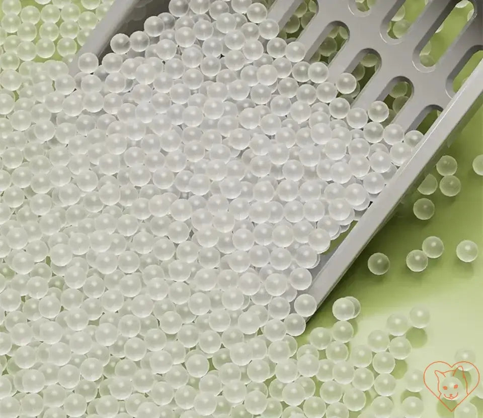 Translucent cat litter beads scattered beside a scoop, highlighting litter box accessories.