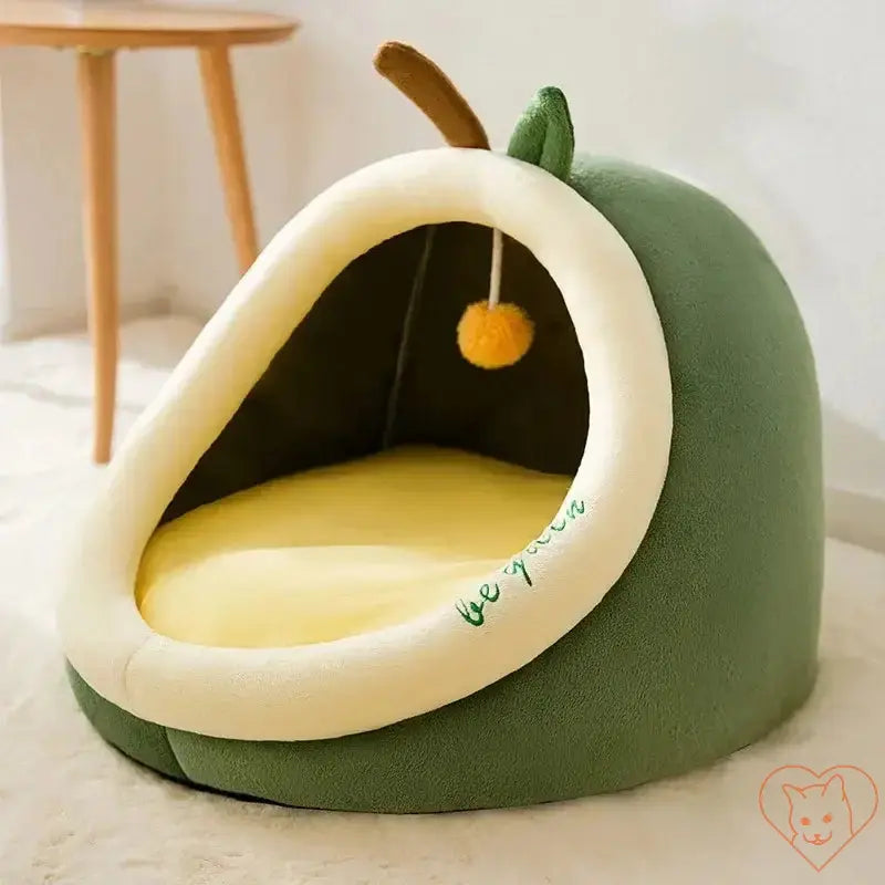 Cute semi-enclosed plush cat bed shaped like a pear, featuring soft yellow interior for cozy autumn and winter warmth.