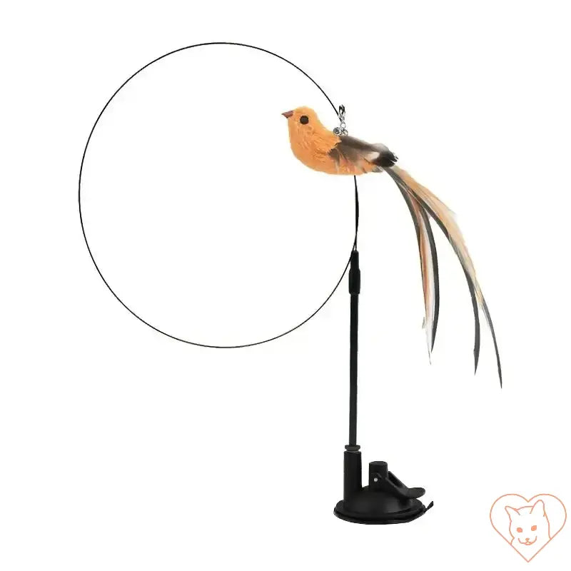 Simulated bird cat toy with suction cup and feather wand for interactive playtime.