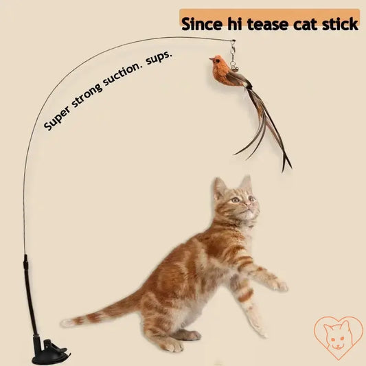 Simulated bird cat toy with suction cup and feather wand, engaging a playful orange cat.