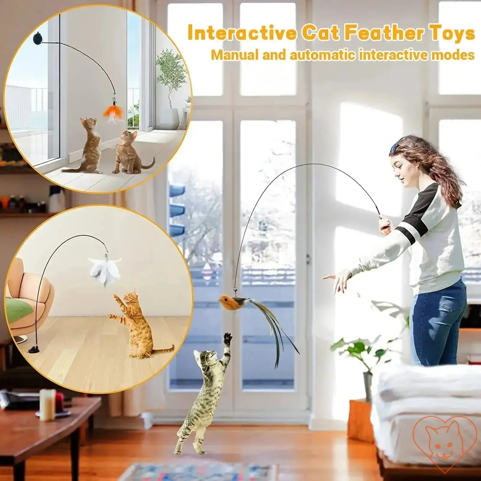 Interactive Cat Feather Toys with manual and automatic modes for playful cats in a bright indoor setting.