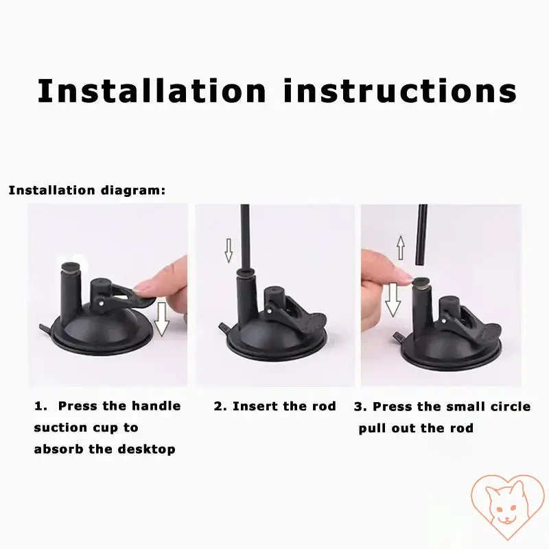 Installation instructions for suction cup cat toy featuring step-by-step guide on setup.