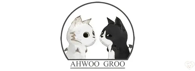 Illustration of two stylized cats, one white and one black, with the name 'AHWOO GROO' below.