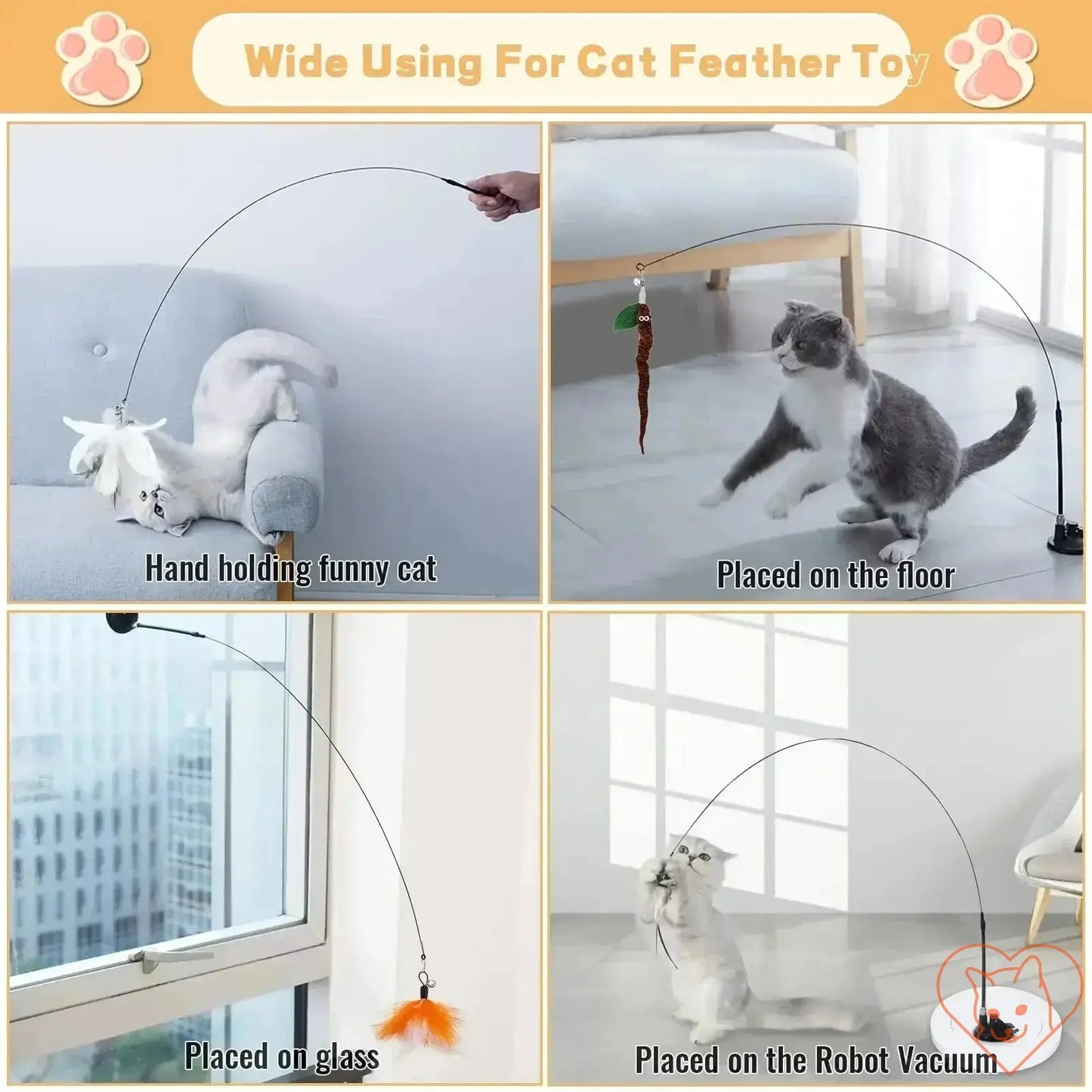 Collage of cats playing with a feather toy in various settings: hand-held, on the floor, glass, and robot vacuum.