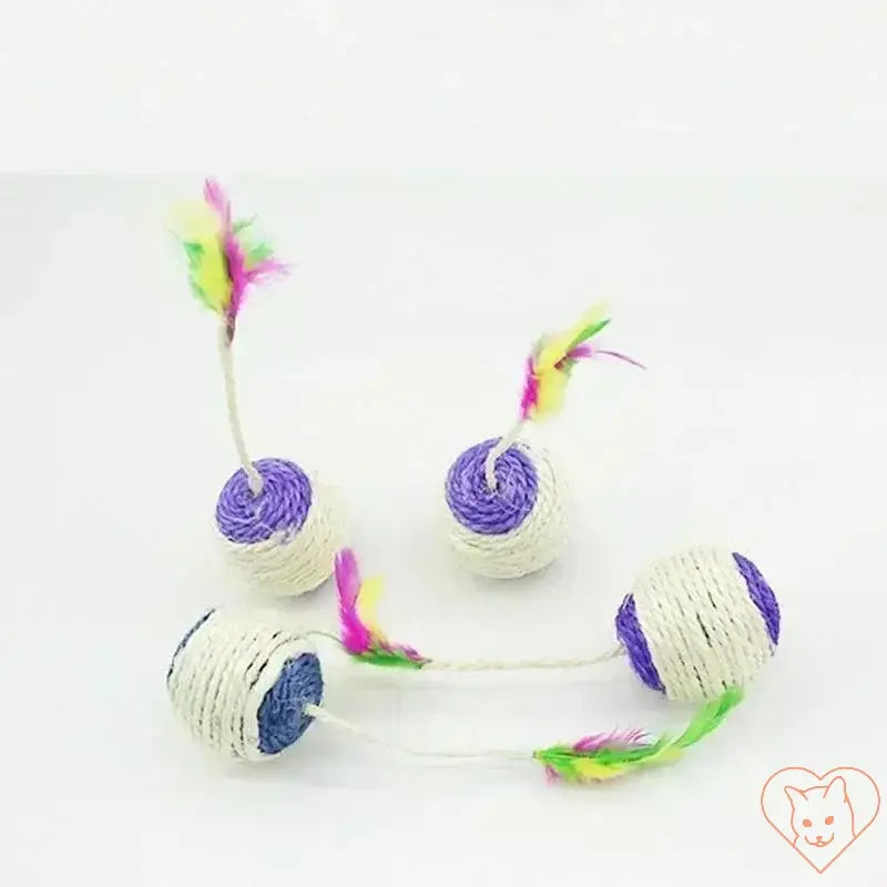 Sisal cat scratching balls with colorful feathers, perfect for interactive play and scratching.