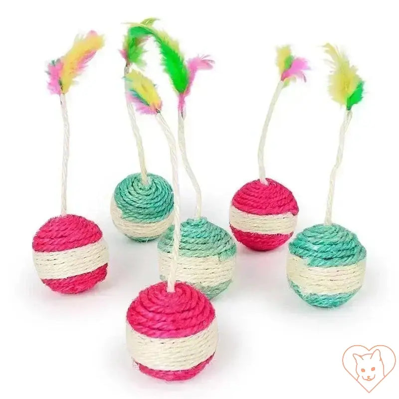 Colorful sisal cat scratching balls with feathers, designed for interactive play and training.