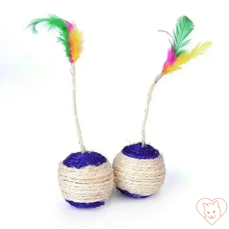 Sisal cat scratching balls with colorful feathers, ideal interactive training toy for engaging and healthy play.