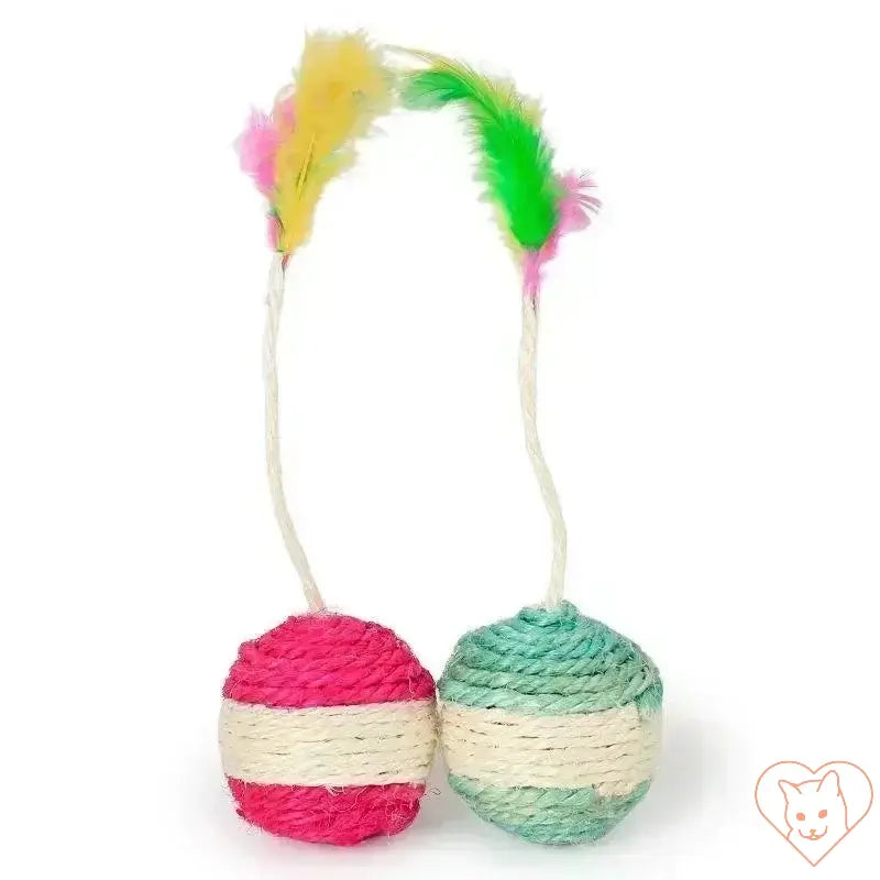 Vibrant sisal cat scratching balls with colorful feathers, engaging and safe interactive toy for cats.