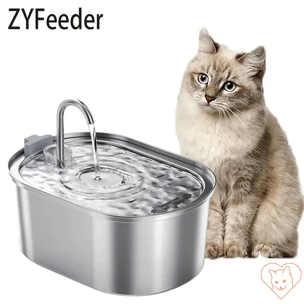 Stainless steel cat water fountain with motion sensor and happy cat beside it, promoting hydration and health.