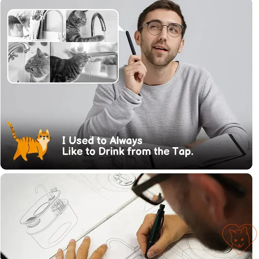 A man sketching while recalling cats drinking from taps, with playful cat graphic and text about tap water preference.