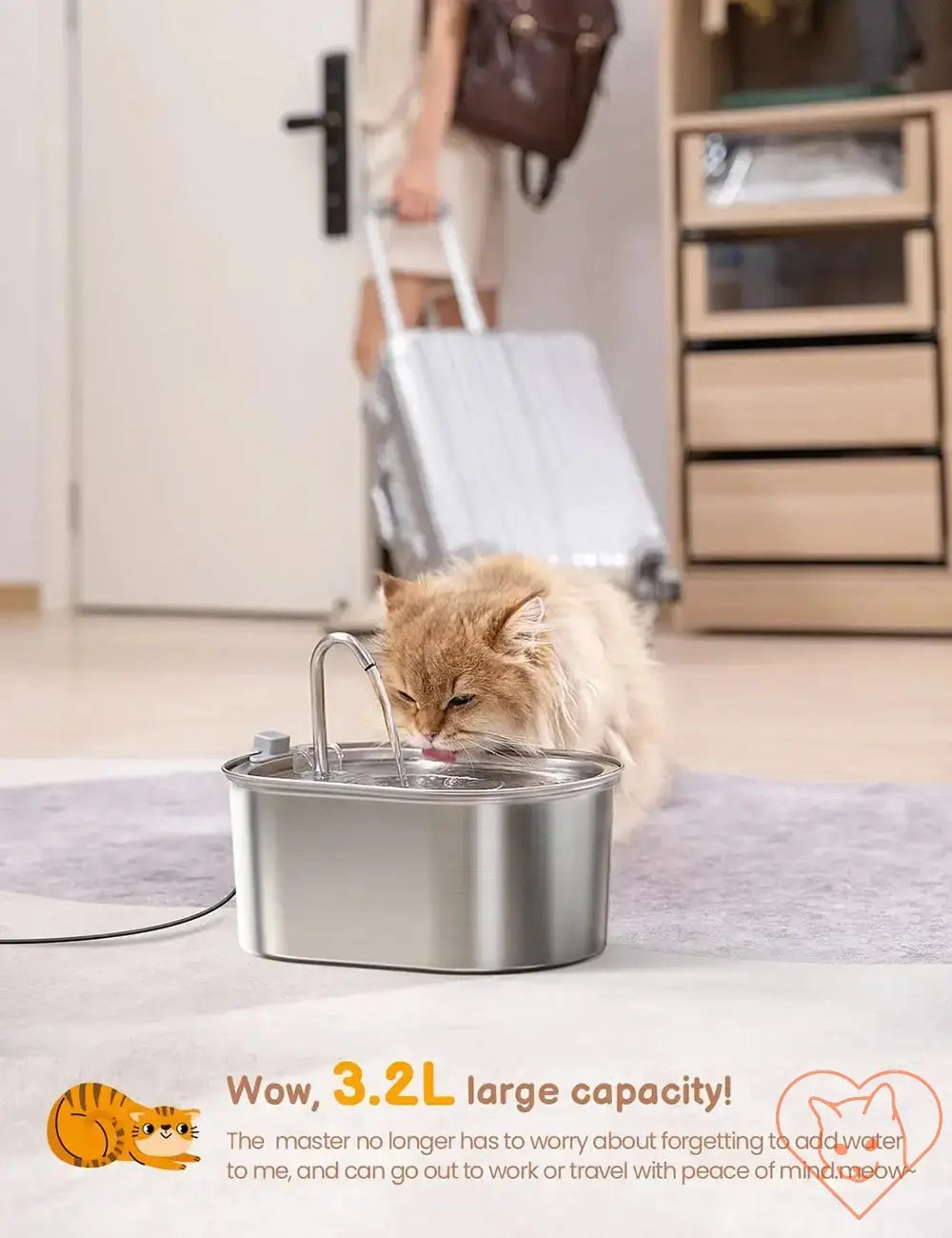 Cat drinking from a 3.2L stainless steel water fountain, showcasing its large capacity and modern design.